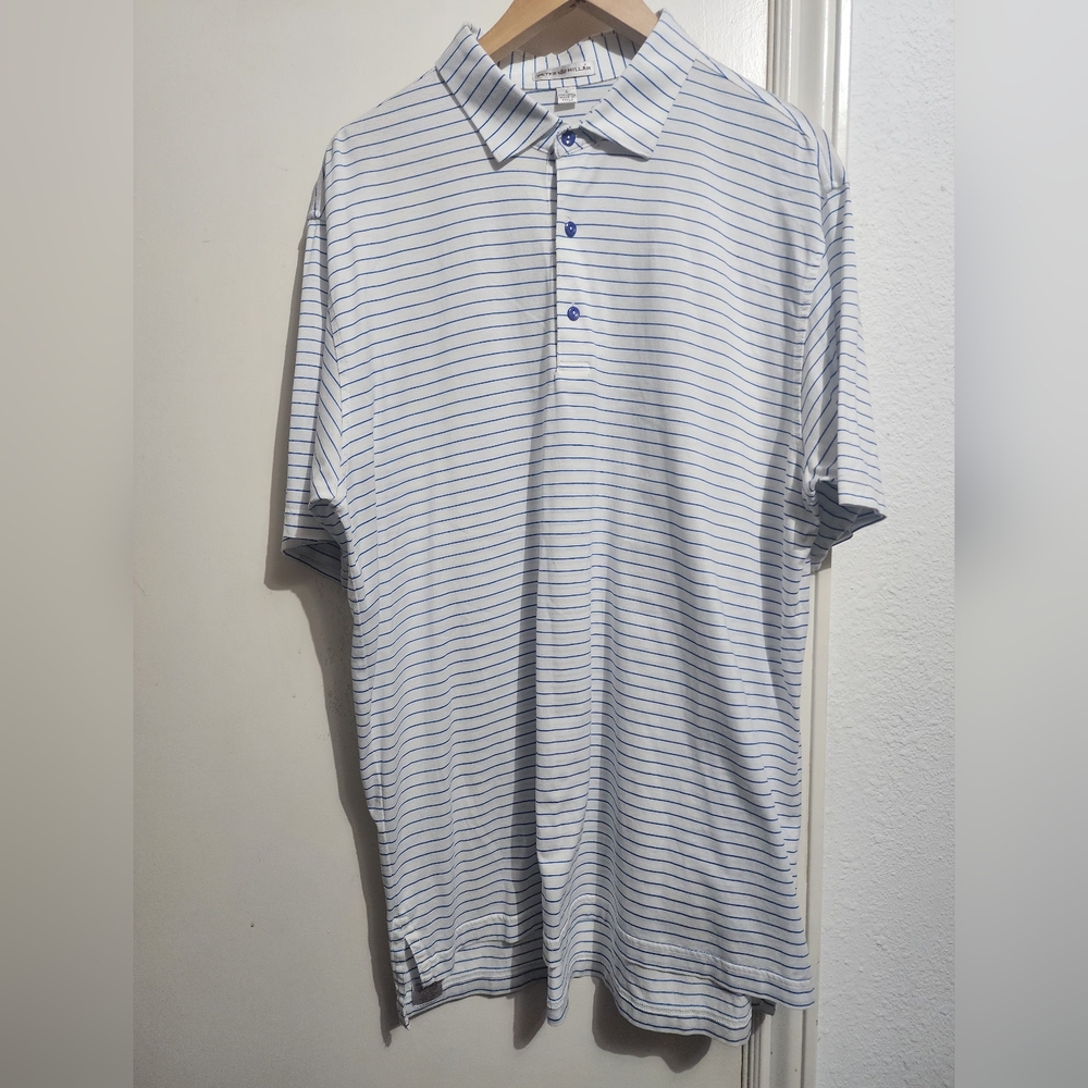 Peter Millar Men Polo Shirt Blue White Stripe Cotton Golf Short Sleeve Size L - Picture 2 of 7